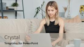  Presentation with living room - Cool new presentation design with contemporary-young-woman-in-tanktop backdrop and a light gray colored foreground