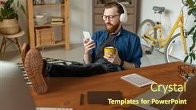  Presentation with coffee music - Colorful slide set enhanced with content-bearded-designer-listening backdrop and a tawny brown colored foreground