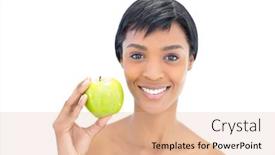  Presentation with black woman - Theme with content black haired woman holding an apple on white background background and a lemonade colored foreground