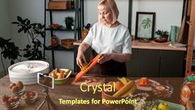  Presentation with pear - PPT theme having content-blond-mature-woman-standing background and a tawny brown colored foreground