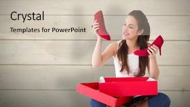  Presentation with shoes - Colorful slide set enhanced with content brunette holding red shoes backdrop and a soft green colored foreground