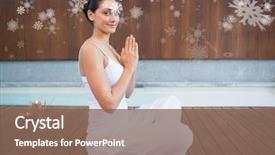  Presentation with lotus - Theme consisting of content brunette in white sitting in lotus pose smiling at camera against snowflakes background and a violet colored foreground