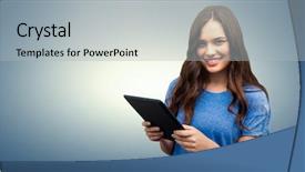  Presentation with women safety against harrasment - Beautiful slides featuring content computer - brunette women holding tablet backdrop and a light gray colored foreground