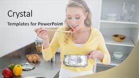  Presentation with food in spoon falling - PPT theme having content cute blonde tasting food background and a  colored foreground