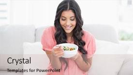  Presentation with living room - Colorful PPT theme enhanced with content cute brunette sitting on couch holding salad bowl in bright living room backdrop and a soft green colored foreground
