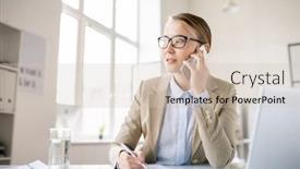  Presentation with business office desk - Amazing PPT theme having content inspired young business lady in stylish jacket sitting at desk and making notes while talking on mobile phone in office backdrop and a soft green colored foreground
