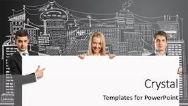  Presentation with wooden board empty table top - Amazing slide deck having content management - businesspeople holding empty write board backdrop and a  colored foreground