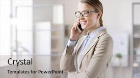  Presentation with customer service phone number - PPT theme consisting of content management - happy confident young female manager background and a light gray colored foreground