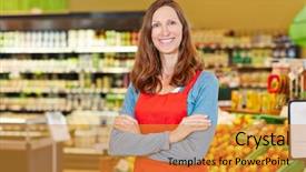  Presentation with portrait of excited overjoyed female - Audience pleasing presentation theme consisting of content management - portrait of smiling female store backdrop and a gold colored foreground