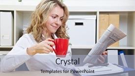  Presentation with office newspaper - Cool new PPT theme with content management - smiling business woman in her backdrop and a light blue colored foreground