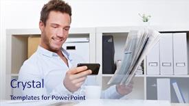  Presentation with office newspaper - Amazing presentation theme having content management - young business man in office backdrop and a sky blue colored foreground