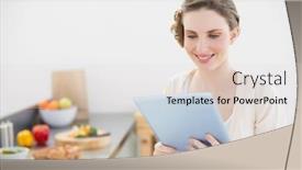  Presentation with peaceful - Audience pleasing theme consisting of content peaceful woman using her tablet sitting in her kitchen at home backdrop and a lemonade colored foreground