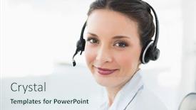  Presentation with bright - PPT theme featuring content stylish brunette operator smiling and looking at camera in bright office background and a sky blue colored foreground