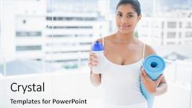  Presentation with exercise mat - Slide deck enhanced with content toned brunette holding sports bottle and exercise mat in bright room background and a sky blue colored foreground