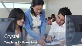  Presentation with helping - PPT theme consisting of content writing - teacher helping two students working background and a ocean colored foreground