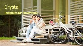  Presentation with cycling - Presentation enhanced with content young couple sitting on stairs of porch and eating tasty sandwiches while resting after cycling background and a tawny brown colored foreground
