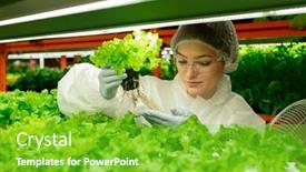  Presentation with vertical farm - Presentation design consisting of content-young-greenhouse-worker background and a seafoam green colored foreground