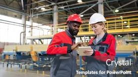  Presentation with manufacturing plant - Theme featuring content-young-multi-ethnic-coworkers background and a ocean colored foreground