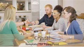  Presentation with new ideas - PPT layouts featuring content young multiracial people posing at table with files and gadgets and discussing new ideas background and a coral colored foreground