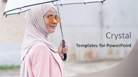  Presentation with umbrella protection - Presentation theme having content-young-muslim-woman background and a light gray colored foreground
