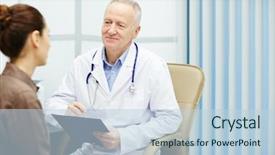  Presentation with lab coat - Slide deck enhanced with contention hospital - smiling content handsome male doctor background and a  colored foreground