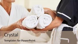  Presentation with hotel housekeeping - Amazing slide deck having contents page - maid bringing fresh towels backdrop and a coral colored foreground