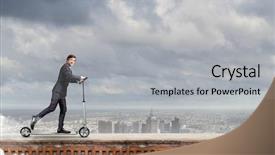  Presentation with electric scooter graph - Colorful PPT theme enhanced with contexte - young cheerful businessman riding scooter backdrop and a light gray colored foreground