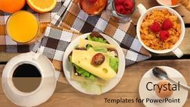  Presentation with breakfast sandwich - Colorful presentation design enhanced with healthy breakfast with sandwich backdrop and a coral colored foreground