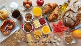  Presentation with healthy breakfast - Presentation design enhanced with continental buffet breakfast with assorted healthy food and coffee background and a coral colored foreground