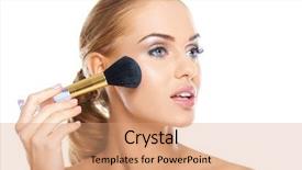  Presentation with beauty cosmetics - Colorful PPT layouts enhanced with contour - beautiful blonde woman applying blusher backdrop and a coral colored foreground