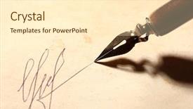  Presentation with old paper ink - Beautiful PPT theme featuring contract agreement - closeup of signature fake not backdrop and a  colored foreground