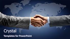  Presentation with world map - Presentation theme with contract agreement - handshake with map background and a navy blue colored foreground