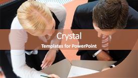  Presentation with office management - Presentation theme having contract management - businesspeople sitting at office desk background and a coral colored foreground