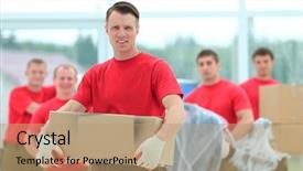  Presentation with foreman - Slide set consisting of workers with boxes of building background and a  colored foreground