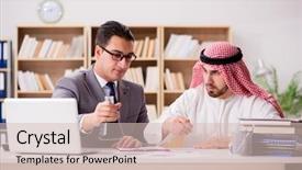  Presentation with arab - Amazing PPT theme having contract oil - diverse business concept with arab backdrop and a  colored foreground