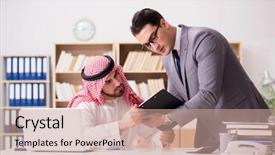  Presentation with contract - Presentation design with contract oil - diverse business concept with arab background and a  colored foreground