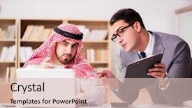  Presentation with arab - Colorful presentation design enhanced with contract oil - diverse business concept with arab backdrop and a  colored foreground