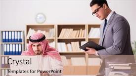  Presentation with contract - Colorful slide set enhanced with contract oil - diverse business concept with arab backdrop and a  colored foreground