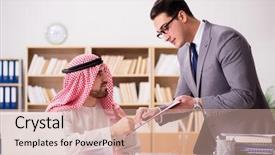  Presentation with demographic millennials business concept - Presentation having contract oil - diverse business concept with arab background and a  colored foreground