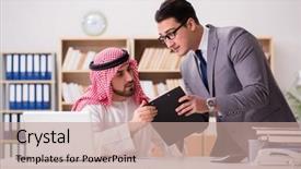  Presentation with audit business compliance concept - Colorful theme enhanced with contract oil - diverse business concept with arab backdrop and a  colored foreground