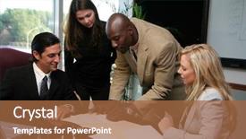  Presentation with african american in computer lab - Presentation theme enhanced with contract project management - young caucasian businesswoman with african background and a red colored foreground