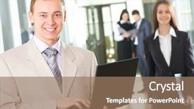  Presentation with 3d man business leader - Cool new PPT theme with contract sale goods - handsome happy business man backdrop and a  colored foreground