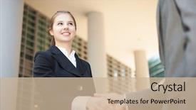  Presentation with business partner people joining hand - Amazing slides having contract sale goods - young business people shaking hands backdrop and a  colored foreground