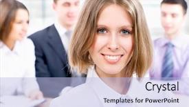  Presentation with team - Amazing slide set having contract sale goods - young business woman and her backdrop and a  colored foreground