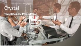  Presentation with team meeting - Theme having contract sell - business team applauds business partners background and a coral colored foreground