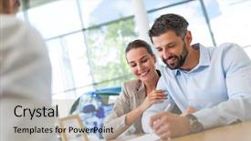  Presentation with car dealer - PPT theme having contract sell - young couple with car dealer background and a light gray colored foreground