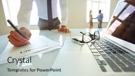  Presentation with contract and law - Beautiful PPT theme featuring contract while partners discussing terms backdrop and a light gray colored foreground