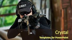  Presentation with armed forces - Beautiful PPT theme featuring contractor armed with assault rifle backdrop and a tawny brown colored foreground