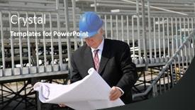  Presentation with construction work - Colorful slide deck enhanced with contractor-contractor-examining-blueprints backdrop and a gray colored foreground