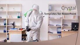  Presentation with covid coronavirus - Beautiful theme featuring contractor-disinfecting-office-for-covid backdrop and a light gray colored foreground